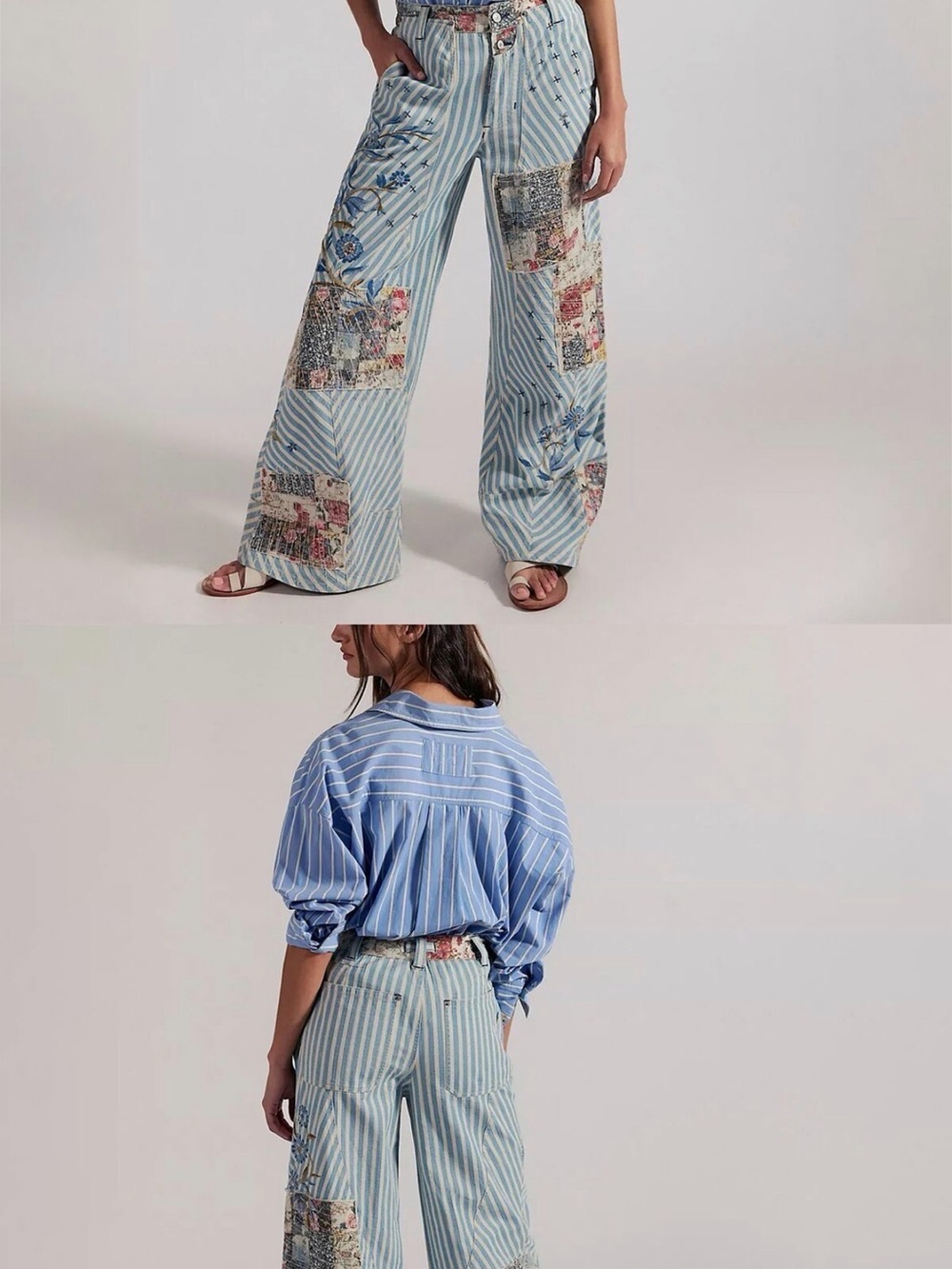 NWT - We The Free Striped Patchwork Wide-Leg Pants - Blue